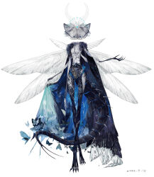 Rule 34 | 1boy, animal head, antennae, arthropod boy, arthropod limbs, black cape, blue butterfly, bug, butterfly, cape, cape hold, carapace, chinese commentary, claws, crossed legs, dated, disembodied head, dragonfly wings, extra arms, fate/grand order, fate (series), full body, fur-trimmed cape, fur trim, halo, highres, hollow body, insect, insect wings, male focus, monsterification, moth, oberon (fate), oberon (third ascension) (fate), simple background, solo, tail, watson cross, white background, wings, yuan64