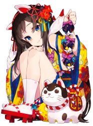 Rule 34 | 1girl, animal ears, bare shoulders, blush, breasts, brown hair, c:, dog ears, from side, full body, highres, holding, japanese clothes, kouhaku nawa, large breasts, long hair, looking at viewer, mika pikazo, open mouth, original, rope, shimenawa, simple background, sitting, smile, socks, solo, traditional clothes, white background, white socks