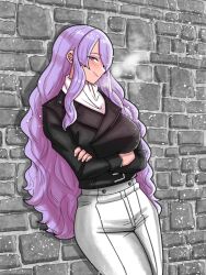Rule 34 | 1girl, against wall, breasts, camilla (fire emblem), commentary, crossed arms, english commentary, fire emblem, fire emblem heroes, hair over one eye, highres, jacket, large breasts, long hair, looking at viewer, mnejing30, nintendo, parted bangs, purple eyes, purple hair, sidelocks, smile, solo, wavy hair