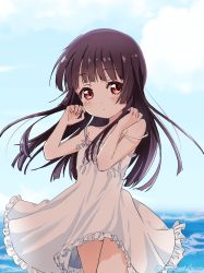Rule 34 | 1girl, bare shoulders, black hair, blush, collarbone, dress, frilled dress, frills, highres, long hair, looking at viewer, matsumoto rise, mearian, ocean, open mouth, outdoors, red eyes, sky, solo, standing, sundress, white dress, yuru yuri