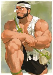 Rule 34 | 1boy, arm hair, atcesolcyc, bara, beard, black shorts, blush, bulge, calf, cheek bulge, chinese clothes, facial hair, feet out of frame, hairy, headband, highres, knee up, large pectorals, leg hair, looking to the side, male focus, mature male, muscular, muscular male, mustache, navel hair, open clothes, open shirt, original, pectoral cleavage, pectorals, punched, shirt, short hair, short shorts, shorts, solo, thick eyebrows, v-shaped eyebrows, veins, veiny arms, white headband, white shirt