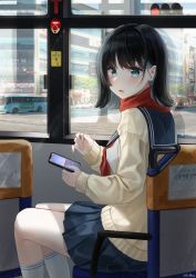 Rule 34 | 1girl, artist name, black hair, bling (epvc5242), blue eyes, blue sailor collar, blue skirt, blush, building, bus, bus interior, car, cardigan, cellphone, city, commentary request, highres, holding, holding phone, long sleeves, looking at viewer, looking to the side, motor vehicle, neckerchief, open cardigan, open clothes, original, parted lips, phone, red neckerchief, red scarf, sailor collar, scarf, school uniform, serafuku, short hair, sitting, skirt, smartphone, socks, solo, traffic light, twitter username, watermark, white socks, window, yellow cardigan