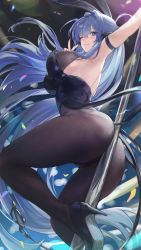 Rule 34 | 1girl, absurdres, animal ears, arm strap, arm up, armpits, ass, azur lane, bare shoulders, between buttocks, bibimbub, black footwear, black leotard, blue eyes, blue hair, breasts, brown pantyhose, cleavage, fake animal ears, floating hair, hair intakes, hand up, high heels, highleg, highleg leotard, highres, large breasts, leotard, long hair, looking at viewer, new jersey (azur lane), new jersey (exhilarating steps!) (azur lane), official alternate costume, one eye closed, pantyhose, playboy bunny, pole, pole dancing, rabbit ears, see-through, see-through cleavage, smile, solo, strapless, strapless leotard, stripper pole, tail, tailcoat, thighs, v, very long hair
