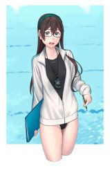 Rule 34 | 1girl, aqua eyes, aqua hairband, black hair, black one-piece swimsuit, collarbone, competition swimsuit, cowboy shot, cropped legs, groin, hair between eyes, hairband, highres, holding, holding pencil, jacket, jersey, kantai collection, long hair, one-piece swimsuit, ooyodo (kancolle), open mouth, outside border, pencil, pool, solo, stopwatch, stopwatch around neck, swimsuit, swimsuit under clothes, teeth, upper teeth only, watch, white jacket, yuuji (and)