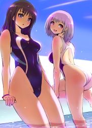 Rule 34 | 2girls, black hair, blue eyes, blue sky, blue one-piece swimsuit, breasts, collarbone, commentary request, competition swimsuit, contrail, covered navel, cowboy shot, day, gridman universe, highleg, highleg swimsuit, highres, light purple hair, long hair, looking at viewer, medium breasts, multiple girls, one-piece swimsuit, onsen tengoku, red eyes, shinjou akane, short hair, sky, ssss.gridman, standing, swimsuit, takarada rikka, white one-piece swimsuit
