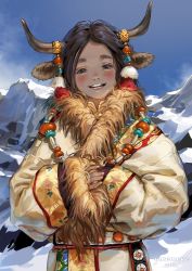 Rule 34 | 1girl, animal ears, artist name, blue sky, blush, chinese zodiac, cow ears, cow girl, dated, day, fur trim, highres, horns, jane mere, jewelry, long sleeves, mountain, necklace, open mouth, original, outdoors, sky, smile, solo, upper body, year of the ox