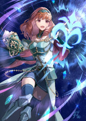 Rule 34 | 1girl, armored boots, bare shoulders, black gloves, black thighhighs, book, boots, celica (fire emblem), crown, earrings, elbow gloves, fingerless gloves, fire emblem, fire emblem echoes: shadows of valentia, fire emblem heroes, gem, gloves, gold trim, highres, holding, holding book, jewelry, light particles, nintendo, official alternate costume, open mouth, overskirt, red eyes, red hair, signature, skirt, solo, tarayuki, thighhighs, tiara, zettai ryouiki