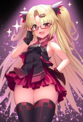 Rule 34 | 1girl, akatsuki uni, bettle (b s a n), black gloves, black thighhighs, blonde hair, breasts, fang, fingerless gloves, glasses, gloves, hair ornament, hairclip, hand on own hip, hand up, highres, long hair, looking at viewer, parted bangs, red-framed eyewear, red eyes, small breasts, solo, sparkle, standing, thighhighs, thighs, two side up, uni create, very long hair, virtual youtuber, zipper pull tab