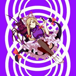Rule 34 | 1girl, black thighhighs, blonde hair, bow, breasts, bug, chopsticks, dearmybrothers, female focus, hair bow, hat, highres, holding, impossible clothes, impossible shirt, long hair, looking at viewer, shirt, shrimp, sitting, smile, solo, thighhighs, touhou, yakumo yukari, yellow eyes