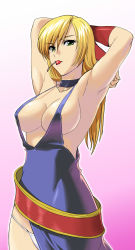 Rule 34 | 1girl, armpits, arms behind head, arms up, b.jenet, bare shoulders, belt, blonde hair, blush, bracelet, breasts, cherry, choker, cleavage, collar, covered erect nipples, curvy, dress, fatal fury, fingerless gloves, food, fruit, g-tetsu, gloves, green eyes, highres, jenet behrn, jewelry, large breasts, legband, long hair, garou: mark of the wolves, muscular, nipples, no bra, panties, pirate, skirt, snk, solo, the king of fighters, underwear, white panties