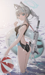 Rule 34 | 1girl, animal ear fluff, animal ears, ass, assault rifle, ball, beachball, blue archive, blue eyes, breasts, competition swimsuit, eating, from side, grey hair, gun, gun sling, hair ornament, highres, innertube, looking at viewer, medium breasts, mismatched pupils, ocean, one-piece swimsuit, partially submerged, rifle, ryoma (rym 369), scope, shiroko (blue archive), shiroko (swimsuit) (blue archive), short ponytail, sig sauer 556, smile, solo, suppressor, swim ring, swimsuit, wading, weapon, x hair ornament