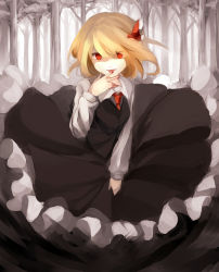 Rule 34 | 1girl, 60mai, black dress, blonde hair, blood, darkness, dress, embodiment of scarlet devil, female focus, forest, frilled dress, frills, hair ribbon, licking, licking finger, long sleeves, looking at viewer, monochrome, nature, necktie, red eyes, ribbon, rumia, solo, spot color, tongue, touhou