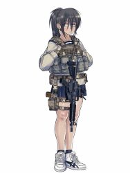 Rule 34 | 1girl, :o, ammunition pouch, black gloves, black hair, black socks, blue sailor collar, blue skirt, buckle, cb (c-board), clothes writing, colt commando, eyes visible through hair, full body, gloves, gun, hair between eyes, highres, long hair, long sleeves, original, parted lips, pleated skirt, ponytail, pouch, puffy long sleeves, puffy sleeves, purple eyes, sailor collar, school uniform, serafuku, shirt, shoes, simple background, skirt, snap-fit buckle, socks, solo, standing, thick eyebrows, weapon, weapon request, white background, white footwear, white shirt