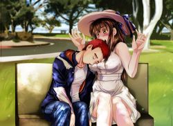 Rule 34 | 10s, 1boy, 1girl, alternate costume, arms up, bench, black hair, blue ribbon, blurry, blurry background, blush, braid, breast pillow, breasts, brown eyes, casual, chair, commission, couple, dress, french braid, green ribbon, hat, height difference, hetero, highres, hood, hoodie, iowa (pacific), jewelry, kantai collection, large breasts, melisaongmiqin, mole, mole under eye, multicolored ribbon, open mouth, pacific (kancolle), park, park bench, red hair, ribbon, ring, short hair, sleeping, sleeping on person, sun hat, tree, white dress