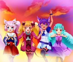 Rule 34 | 4girls, :d, absurdres, delmin (show by rock!!), fox girl, highres, howan (show by rock!!), long hair, looking at viewer, mashima himeko (show by rock!!), multiple girls, one eye closed, open mouth, outdoors, purple hair, red skirt, ruhuyu (show by rock!!), show by rock!!, skirt, smile, sunset, white skirt, wink, wolf girl