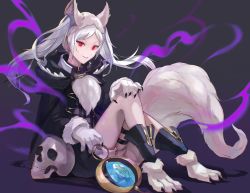 Rule 34 | 1girl, absurdres, alternate costume, animal ears, animal hands, aura, belt, black background, black coat, coat, commentary request, corruption, dark aura, dark persona, fake animal ears, fire emblem, fire emblem awakening, fire emblem heroes, fur trim, gem, gimkamres04, gloves, grima (fire emblem), halloween, halloween costume, highres, holding, hood, hood down, hooded coat, intelligent systems, jewelry, long hair, long sleeves, looking at viewer, nintendo, parted lips, paw gloves, possessed, possession, red eyes, robe, robin (female) (fire emblem), robin (fire emblem), samuzora, shorts, simple background, sitting, skull, slit pupils, smile, solo, tail, teeth, thigh strap, twintails, white gloves, white hair, wolf ears, wolf tail