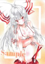 Rule 34 | 1girl, arim0k0, bikini, bow, breasts, cleavage, closed mouth, clothes pull, corrupted twitter file, fujiwara no mokou, grey hair, hair bow, highres, large breasts, long hair, looking at viewer, multicolored background, multiple bows, navel, pants, pants pull, pulling own clothes, red eyes, red pants, sample watermark, sidelocks, smile, solo, swimsuit, touhou, watermark, white bikini