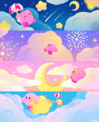 Rule 34 | :o, ^ ^, aerial fireworks, arms up, artist name, blue sky, blush, closed eyes, closed mouth, cloud, commentary, copy ability, crescent moon, day, english commentary, evening, fireworks, full body, gradient sky, holding, holding umbrella, kirby, kirby (series), looking up, moon, night, night sky, nintendo, on cloud, open mouth, outdoors, parasol, parasol kirby, puffychii, shooting star, sitting, sky, smile, solid oval eyes, star (sky), star (symbol), starry sky, twilight, umbrella, waddle dee, warp star