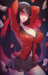 Rule 34 | 1girl, ace (playing card), ace of hearts, arms up, artist name, banknote, black hair, black skirt, blunt bangs, breasts, cleavage, collarbone, commentary, contrapposto, covered erect nipples, cowboy shot, english commentary, frilled skirt, frills, glowing, glowing eye, heart, highres, himmely, jabami yumeko, jacket, kakegurui, large breasts, legs apart, long hair, long sleeves, looking at viewer, midriff peek, money, navel, parted bangs, patreon username, playing card, pleated skirt, poker chip, red eyes, red jacket, red sleeves, shaded face, skirt, solo, thighs, watermark