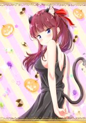 Rule 34 | 1girl, absurdres, animal ears, arms behind back, bare arms, black dress, blue eyes, blush, bow, brown hair, cat ears, cat tail, closed mouth, dress, fluno, from side, hair bow, highres, letterboxed, long hair, looking at viewer, new game!, red bow, shoulder blades, sleeveless, sleeveless dress, solo, standing, striped, striped background, tail, takimoto hifumi, yellow background