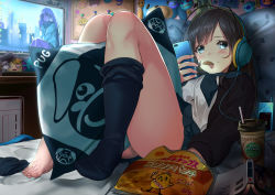 Rule 34 | 1girl, animal print, bedroom, black hair, black skirt, blue eyes, blush, book, breasts, cardigan, cellphone, chips (food), closed mouth, coffee cup, computer, cup, disposable cup, dog print, food, food in mouth, headphones, holding, holding phone, indoors, kinugasa yuuichi, knees together feet apart, legs, listening to music, long hair, manga (object), medium breasts, mole, monitor, mouth hold, open book, open cardigan, open clothes, original, phone, pillow, pleated skirt, potato chips, school uniform, single sock, skirt, smartphone, socks, solo, thighs, toes