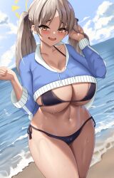 Rule 34 | 1girl, absurdres, bare legs, beach, bikini, black bikini, blue archive, blue sky, blue sweater, blush, breasts, brown eyes, brown hair, cleavage, cloud, collarbone, cowboy shot, curvy, day, dutch angle, halo, highres, horizon, huge breasts, long hair, long sleeves, looking at viewer, moe (blue archive), moe (swimsuit) (blue archive), mua (mua pb), navel, ocean, open mouth, outdoors, side-tie bikini bottom, sky, smile, solo, standing, stomach, sweater, swimsuit, teeth, thighs, twintails, underboob, upper teeth only, variant set, wet