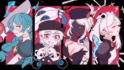 Rule 34 | 4girls, absurdres, alternate color, annie (skullgirls), black border, black dahlia, bloody marie (skullgirls), blush, border, braid, braided bun, breasts, brooch, cleavage, elbow gloves, evil smile, closed eyes, fire, from side, fur hat, gloves, green hair, hair bun, hair ornament, hat, heart, highres, hungern (skullgirls), interlocked fingers, jewelry, juliet sleeves, long sleeves, looking at viewer, mask, multiple girls, multiple views, official alternate costume, open mouth, pink eyes, pow3776, puffy sleeves, raincoat, red background, red eyes, skull hair ornament, skullgirls, smile, sparkle, sword, tongue, tongue out, twin braids, twintails, umbrella (skullgirls), upper body, weapon, white hair, yellow eyes