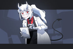 Rule 34 | 1girl, blush, coat, collared shirt, demon girl, demon tail, formal, ganggidam, helltaker, highres, holding, horns, indoors, lab coat, long hair, long sleeves, looking at viewer, loremaster (helltaker), open clothes, open coat, pale skin, ponytail, shirt, sleeves rolled up, solo, standing, suit, sweat, tail, white coat, white hair, white horns