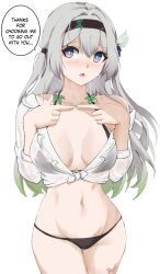 Rule 34 | 1girl, absurdres, bikini, bikini under clothes, black bikini, black hairband, blush, breasts, commentary, cowboy shot, crop top, firefly (honkai: star rail), grey hair, hairband, hands up, highres, honkai: star rail, honkai (series), kagurachi, long hair, long sleeves, looking at viewer, medium breasts, midriff, navel, no pants, off shoulder, open mouth, own fingers together, purple eyes, shirt, simple background, single bare shoulder, solo, speech bubble, standing, stomach, swimsuit, thighs, tied shirt, very long hair, white background, white shirt