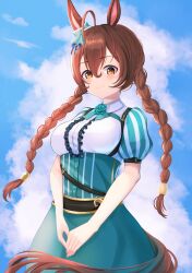 Rule 34 | 1girl, ahoge, alternate hairstyle, animal ears, beads, belt, blue sky, bow, braid, breasts, brown belt, brown eyes, brown hair, center frills, closed mouth, cloud, cloudy sky, collared dress, commentary request, cowboy shot, dress, ear bow, frills, green bow, green dress, grey background, hair beads, hair ornament, heart, highres, horse ears, horse girl, horse tail, long hair, looking at viewer, medium breasts, mejiro bright (umamusume), outdoors, outside border, philo 324, puffy short sleeves, puffy sleeves, short sleeves, sky, smile, solo, standing, tail, twin braids, umamusume