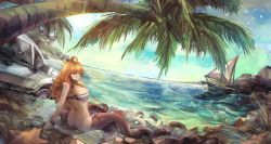 Rule 34 | 1girl, absurdres, ahoge, ass, blue eyes, boat, body markings, bottomless, breasts, butt crack, car, happy, highres, large breasts, long hair, looking at viewer, looking back, monster girl, monster girl encyclopedia, motor vehicle, ocean, orange hair, palm tree, red hair, scylla, scylla (monster girl encyclopedia), smile, suction cups, tentacles, tree, vyragami, water, watercraft