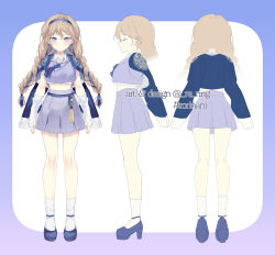 Rule 34 | 1girl, blue capelet, blue eyes, blue flower, blue footwear, blue hairband, braid, brown hair, capelet, closed mouth, copyright request, crop top, detached sleeves, flower, full body, hair between eyes, hair flower, hair ornament, hairband, highres, long hair, long sleeves, low twintails, midriff, multiple views, official art, pleated skirt, purple skirt, shoes, silltare, skirt, sleeves past wrists, smile, socks, standing, thumb hole sleeves, turnaround, twin braids, twintails, twitter username, very long hair, virtual youtuber, white background, white sleeves, white socks