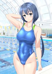 Rule 34 | 1girl, absurdres, ahoge, arm behind head, blue hair, blue one-piece swimsuit, breasts, collarbone, commentary request, competition swimsuit, covered navel, cowboy shot, green eyes, highleg, highleg swimsuit, highres, indoors, large breasts, long hair, low ponytail, one-piece swimsuit, pool, poolside, setouchi chie, solo, standing, string of flags, swimsuit, takafumi, toji no miko, two-tone swimsuit, variant set