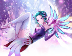 Rule 34 | 1girl, aqua hair, armor, bad id, bad pixiv id, bare shoulders, breasts, bridal gauntlets, choker, cleavage, collarbone, dress, elbow gloves, fairy, fairy wings, faulds, floating, full body, gloves, gradient background, hair bun, hair ornament, leg ribbon, light particles, looking at viewer, looking to the side, mechanical wings, medium breasts, mercy (overwatch), miya (zawarudo), overwatch, overwatch 1, pink footwear, pointy ears, purple background, purple dress, purple eyes, purple gloves, purple ribbon, ribbon, ribbon choker, short hair, single hair bun, sleeveless, sleeveless dress, solo, sparkle, sugar plum fairy mercy, thighhighs, white thighhighs, wings, yellow wings
