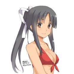 Rule 34 | 10s, 1girl, artist name, bikini, black hair, breasts, brown eyes, cleavage, dated, front-tie bikini top, front-tie top, hair ribbon, highres, hiyou (kancolle), kantai collection, looking at viewer, medium breasts, red bikini, ribbon, sidelocks, simple background, smile, solo, swimsuit, white background, yaya hinata