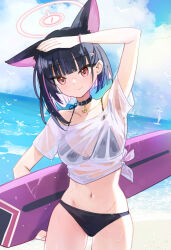 Rule 34 | 1girl, animal ears, beach, bell, bikini, black bikini, blue archive, cat choker, cat ears, colored inner animal ears, colored inner hair, extra ears, halo, highres, kazusa (blue archive), mao xiaozha (rumiechen), multicolored hair, pink eyes, pink halo, see-through, see-through shirt, shirt, solo, surfboard, swimsuit