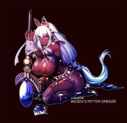 Rule 34 | 1girl, blue eyes, blue lips, breasts, character name, cleavage, dark-skinned female, dark skin, eden&#039;s ritter grenze, gold footwear, high heels, highres, large breasts, long hair, looking at viewer, mikoyan, nipples, open mouth, seiza, sitting, solo, staff, teeth, torn clothes, very long hair, white hair