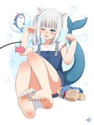 Rule 34 | 1girl, animal ears, bloop (gawr gura), blue eyes, blue hair, cat ears, fins, fish tail, gawr gura, gawr gura (casual), highres, hololive, hololive english, looking at viewer, lululewd, multicolored hair, official alternate costume, one eye closed, shark tail, sharp teeth, silver hair, smile, solo, streaked hair, tail, teeth, toes, upper teeth only, virtual youtuber