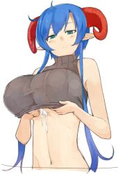 Rule 34 | 1girl, after paizuri, bare arms, bare shoulders, blue hair, blush, breast hold, breasts, brown sweater, clothes lift, commentary request, cum, cum on body, cum on breasts, cum on upper body, cumdrip, curled horns, daccubus (pen), demon girl, demon horns, green eyes, horns, hug, large breasts, lifted by self, long hair, looking at viewer, navel, original, pen (pen3), pointy ears, pout, ribbed sweater, short hair with long locks, simple background, solo, sweater, sweater vest, upper body, very long hair, white background