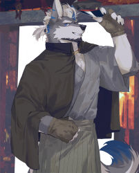Rule 34 | 1boy, animal ears, blue hair, body fur, facial hair, fingerless gloves, furry, furry male, gloves, goatee, grey kimono, hakama, hakama skirt, highres, japanese clothes, kimono, looking at viewer, male focus, mature male, multicolored hair, original, pectoral cleavage, pectorals, seato-hao, short hair, skirt, smile, snout, solo, streaked hair, tail, thick eyebrows, wolf boy, wolf ears, wolf tail