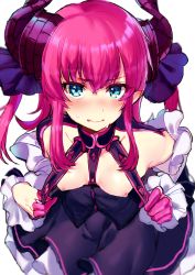 Rule 34 | 1girl, asymmetrical horns, bare shoulders, blue eyes, blush, breasts, breasts out, commentary request, curled horns, dragon girl, dragon horns, dress, elizabeth bathory (fate), elizabeth bathory (fate/extra ccc), elizabeth bathory (first ascension) (fate), embarrassed, fate/grand order, fate (series), highres, horns, looking at viewer, medium breasts, nipples, pink hair, pointy ears, pulling own clothes, solo, strap pull, two side up, uneven horns, wavy mouth