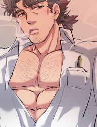 Rule 34 | 1boy, bara, brown hair, chest hair, collared shirt, facial hair, goatee, highres, long sideburns, male focus, mature male, mononobe kyoma, muscular, muscular male, partially unbuttoned, pectoral cleavage, pectoral focus, pectorals, pencil, shirt, short hair, sideburns, solo, stubble, thick eyebrows, tokyo houkago summoners, upper body, zaoanjisi