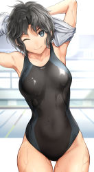 Rule 34 | 1girl, amagami, black eyes, black hair, black one-piece swimsuit, breasts, competition swimsuit, cowboy shot, gluteal fold, looking at viewer, medium breasts, messy hair, one-piece swimsuit, serizawa (serizawaroom), short hair, solo, swimsuit, tanamachi kaoru, thigh gap, undressing, wet