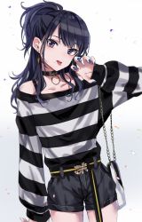 Rule 34 | 1girl, :p, bag, belt, black shirt, black shorts, blue eyes, blush, breasts, buckle, cowboy shot, earrings, eyeliner, highres, idolmaster, idolmaster shiny colors, jewelry, kazano hiori, long hair, looking at viewer, makeup, mek number, mole, mole under mouth, multiple earrings, nail polish, off-shoulder shirt, off shoulder, open mouth, ponytail, purple hair, purple nails, shirt, short shorts, shorts, shoulder bag, solo, striped clothes, striped shirt, tongue, tongue out, two-tone shirt, white shirt