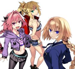 Rule 34 | 1boy, 2girls, astolfo (fate), bandeau, bare shoulders, blonde hair, blue eyes, bow, braid, braided ponytail, breasts, cutoffs, fate/apocrypha, fate (series), french braid, green eyes, hair bow, hair intakes, hair ornament, hair scrunchie, highres, ishida akira, jacket, jeanne d&#039;arc (fate), jeanne d&#039;arc (girl from orleans) (fate), large breasts, long hair, long sleeves, looking at viewer, mordred (fate), mordred (fate/apocrypha), mordred (memories at trifas) (fate), multicolored hair, multiple girls, official alternate costume, open mouth, pantyhose, parted bangs, pink hair, ponytail, purple eyes, scrunchie, sidelocks, skirt, small breasts, smile, streaked hair, trap, very long hair, white hair
