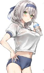 Rule 34 | 1girl, alternate costume, athenawyrm, blush, bottle, breasts, buruma, commentary, english commentary, green eyes, hand on own hip, headband, highres, hololive, large breasts, looking at viewer, shirogane noel, short hair, silver hair, simple background, solo, virtual youtuber, water bottle, wet, wet clothes, white background