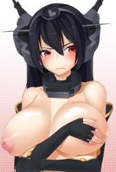 Rule 34 | 10s, 1girl, bad id, bad pixiv id, black hair, blush, breasts, covering nipples, covering one breast, covering privates, elbow gloves, embarrassed, fingerless gloves, gloves, gradient background, kantai collection, large breasts, long hair, miyamae (miyazen9311), nagato (kancolle), nipples, puffy nipples, red eyes, solo, upper body, wavy mouth