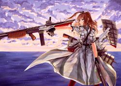 Rule 34 | 1girl, absurdres, black gloves, breast pocket, breasts, brown hair, cannon, crossbow, dress, dual wielding, fingerless gloves, flight deck, gloves, grey eyes, gun, hair between eyes, highres, holding, holding crossbow, holding gun, holding weapon, huge filesize, junk life, kantai collection, large breasts, neckerchief, outdoors, pocket, ponytail, red legwear, rigging, saratoga (kancolle), side ponytail, sidelocks, smokestack hair ornament, solo, submachine gun, thompson submachine gun, turret, weapon, white dress