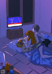 Rule 34 | 1boy, 1girl, alternate universe, artist request, bed, character doll, couple, eating, the end of evangelion, food, hetero, highres, ikari shinji, long hair, looking at another, neon genesis evangelion, on bed, short hair, shorts, snack, souryuu asuka langley, television