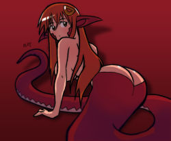 Rule 34 | 10s, 1girl, ass, breasts, butt crack, from behind, gradient background, hair ornament, hairclip, highres, lamia, long hair, miia (monster musume), monster girl, monster musume no iru nichijou, pointy ears, red background, red hair, ruff-n-tumble, scales, shadow, signature, solo, yellow eyes